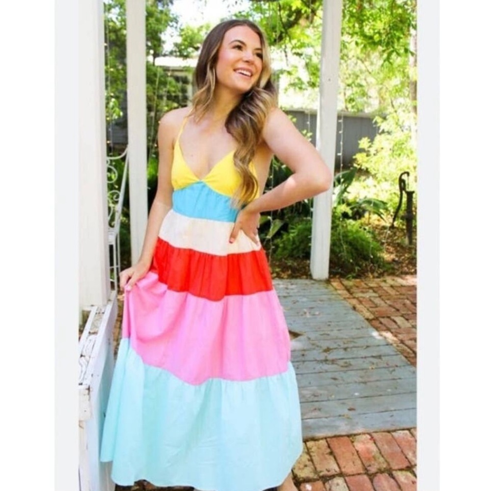 Staud Cleo Midi Dress Multi Rainbow Stripe in Size Medium NWT - Picture 1 of 11